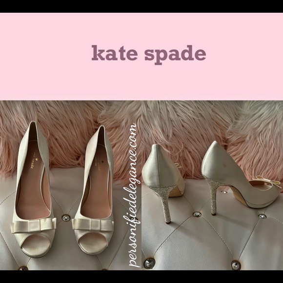 NEW Kate Spade Felisha Ivory Satin Glitter Heel Open Toe Heels Size 10.5B - Picture 1 of 16